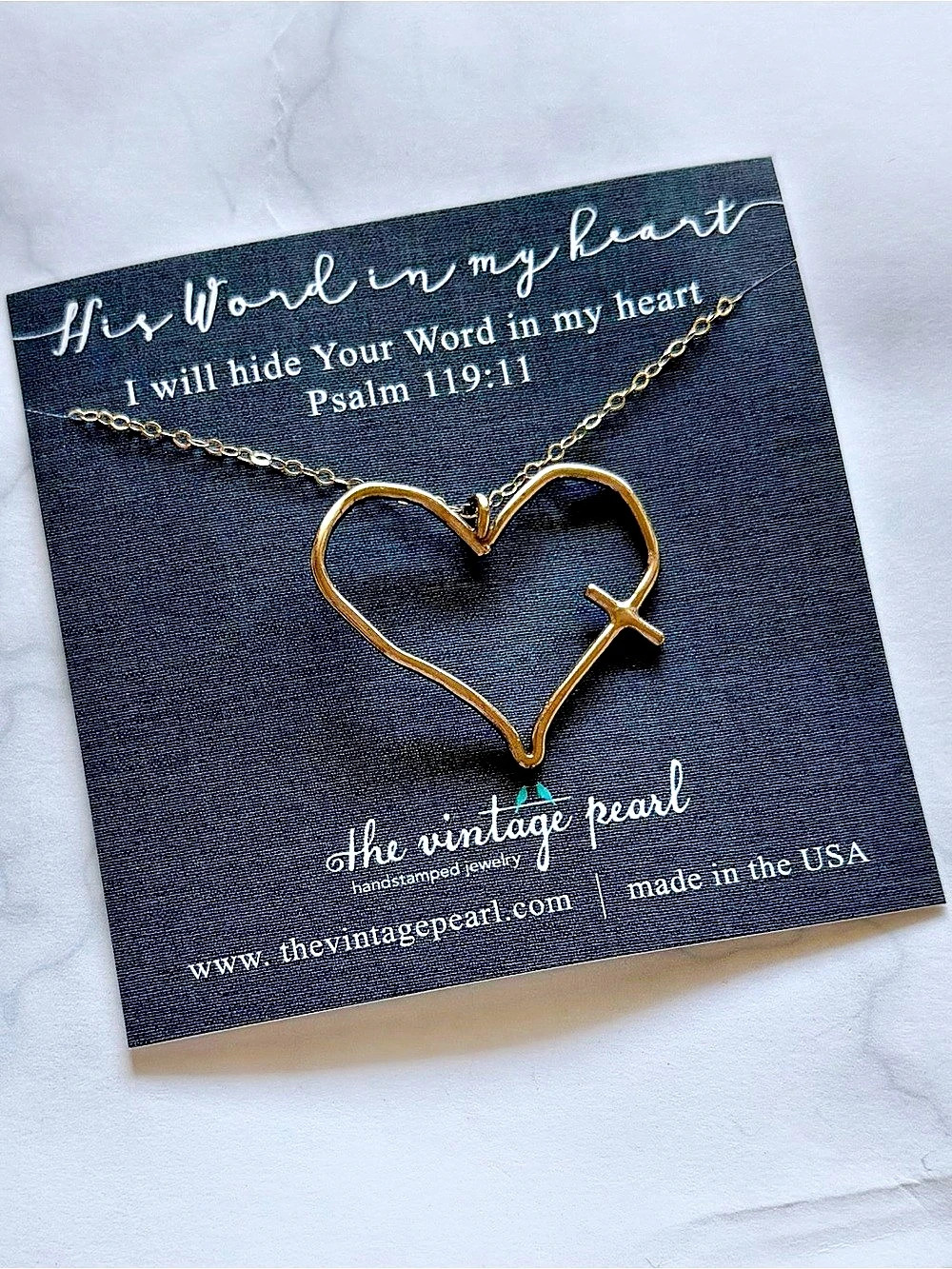 The Vintage Pearl His Word in My Heart Necklace Heart Pendant Necklace in Brass